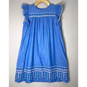 Roberta Roller Rabbit Embroidered Blue Chambray Ruffle Sleeve Dress Girls 10 Yrs